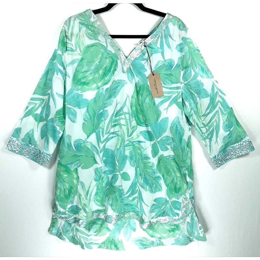 Christian Siriano Tropical Floral Embroidery Tunic Top 1X Resort Tropical Sunmer